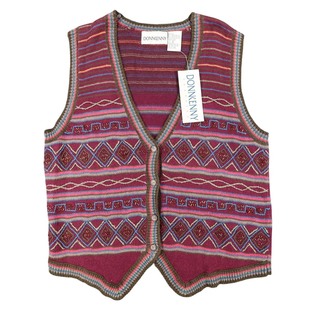 Donnkenny Sweater Vest Womens Medium Vintage 90s Burgundy Beaded Ramie Cotton